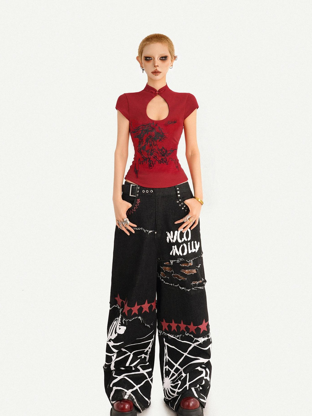 Nico Molly Red Animal Print Stand Collar Chinese Cheongsam Inspired Women&
