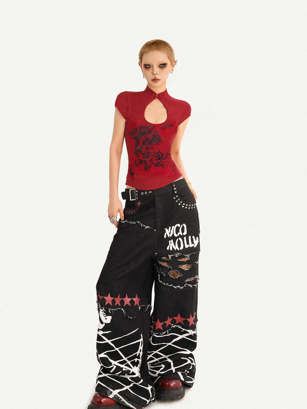Nico Molly Red Animal Print Stand Collar Chinese Cheongsam Inspired Women&
