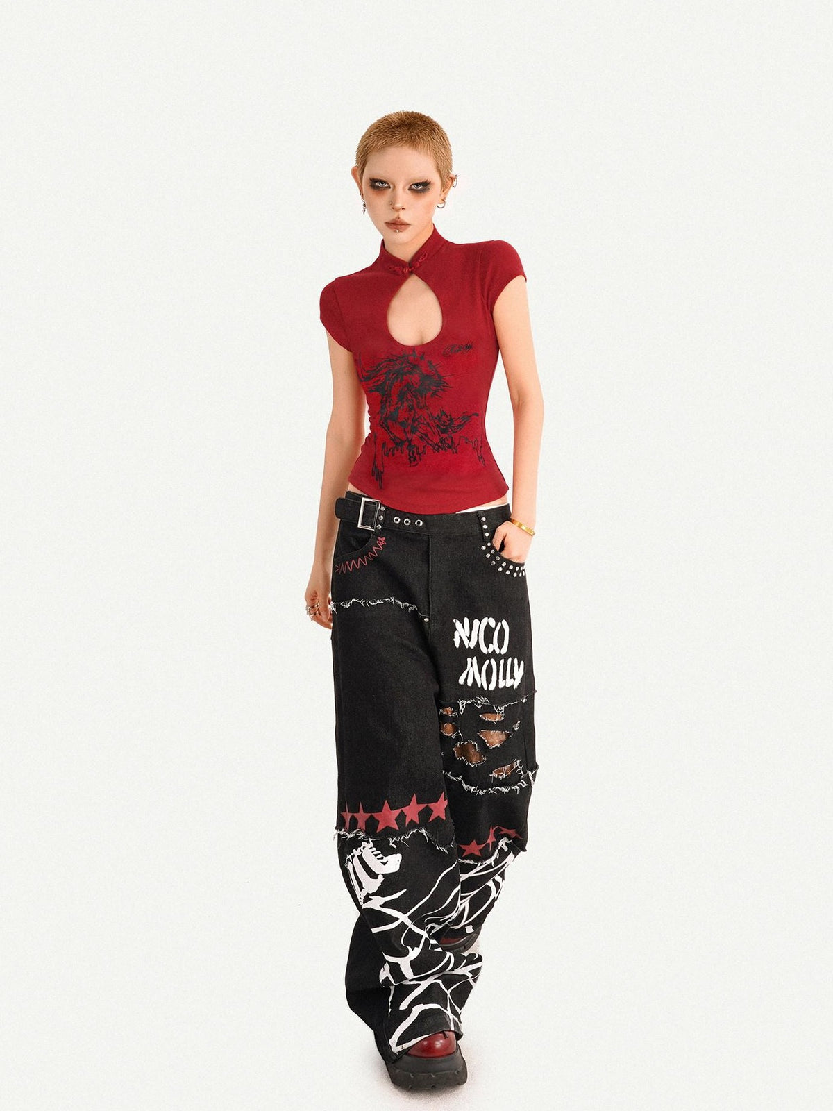 Nico Molly Red Animal Print Stand Collar Chinese Cheongsam Inspired Women&