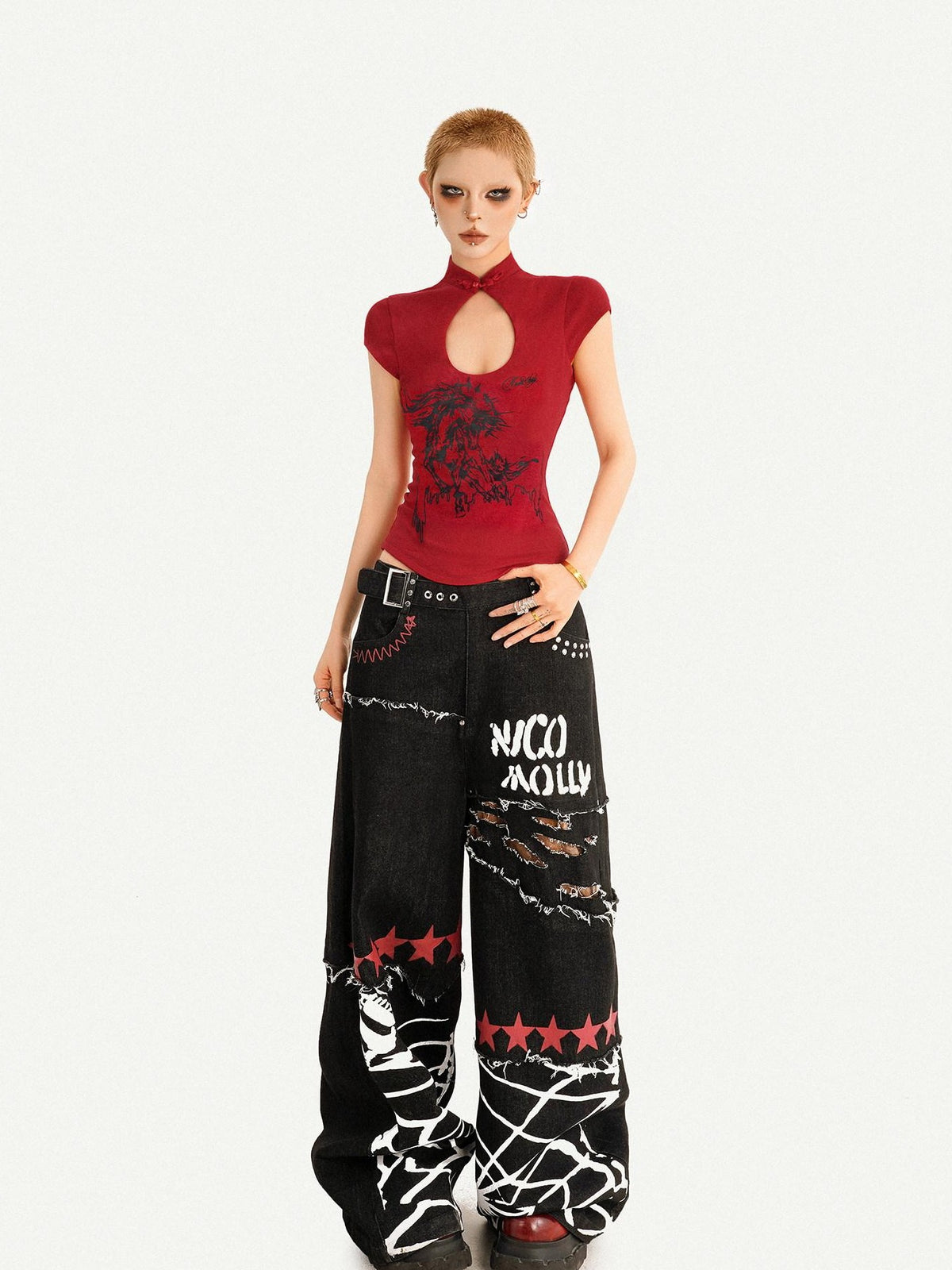 Nico Molly Red Animal Print Stand Collar Chinese Cheongsam Inspired Women&