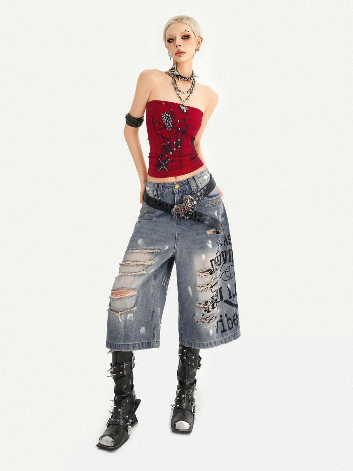 Nico Molly Red Gothic Studded Print Slim Fit Street Punk Women&