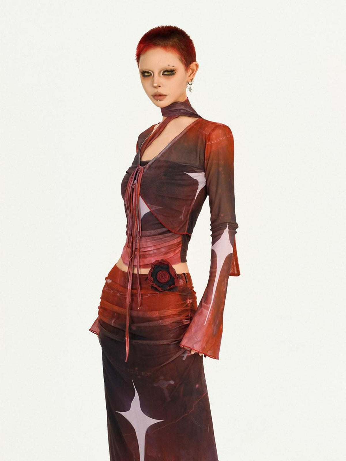 Nico Molly Red Mesh Bustier Shawl Long Sleeve Punk Women&