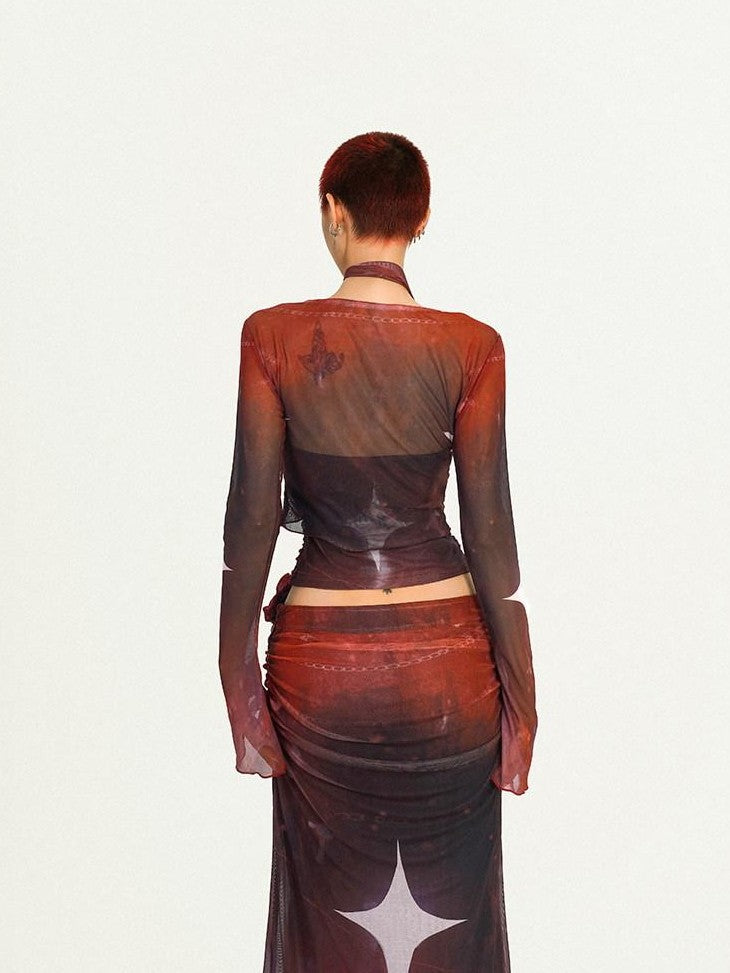 Nico Molly Red Mesh Bustier Shawl Long Sleeve Punk Women&