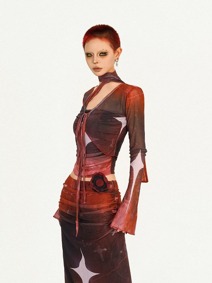 Nico Molly Red Mesh Bustier Shawl Long Sleeve Punk Women&