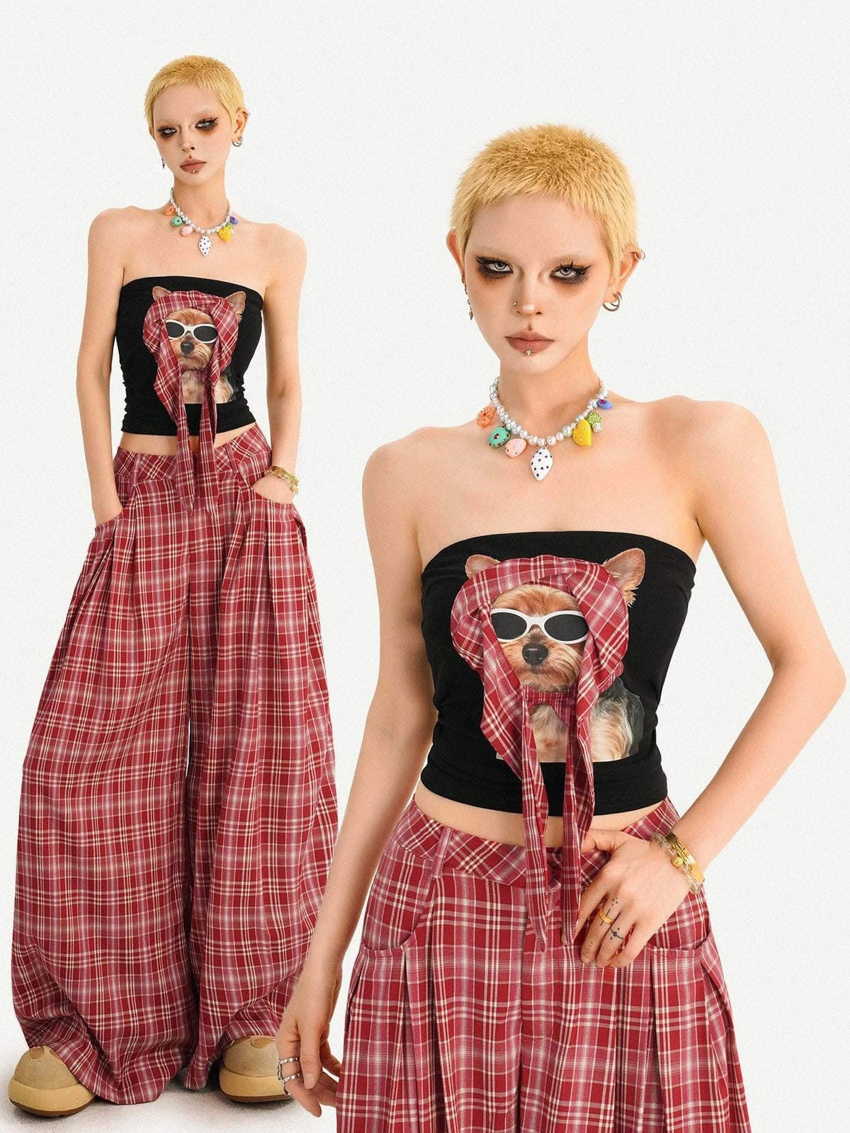 Nico Molly Red Plaid Dog Print Tube Top Slim Fit Women&