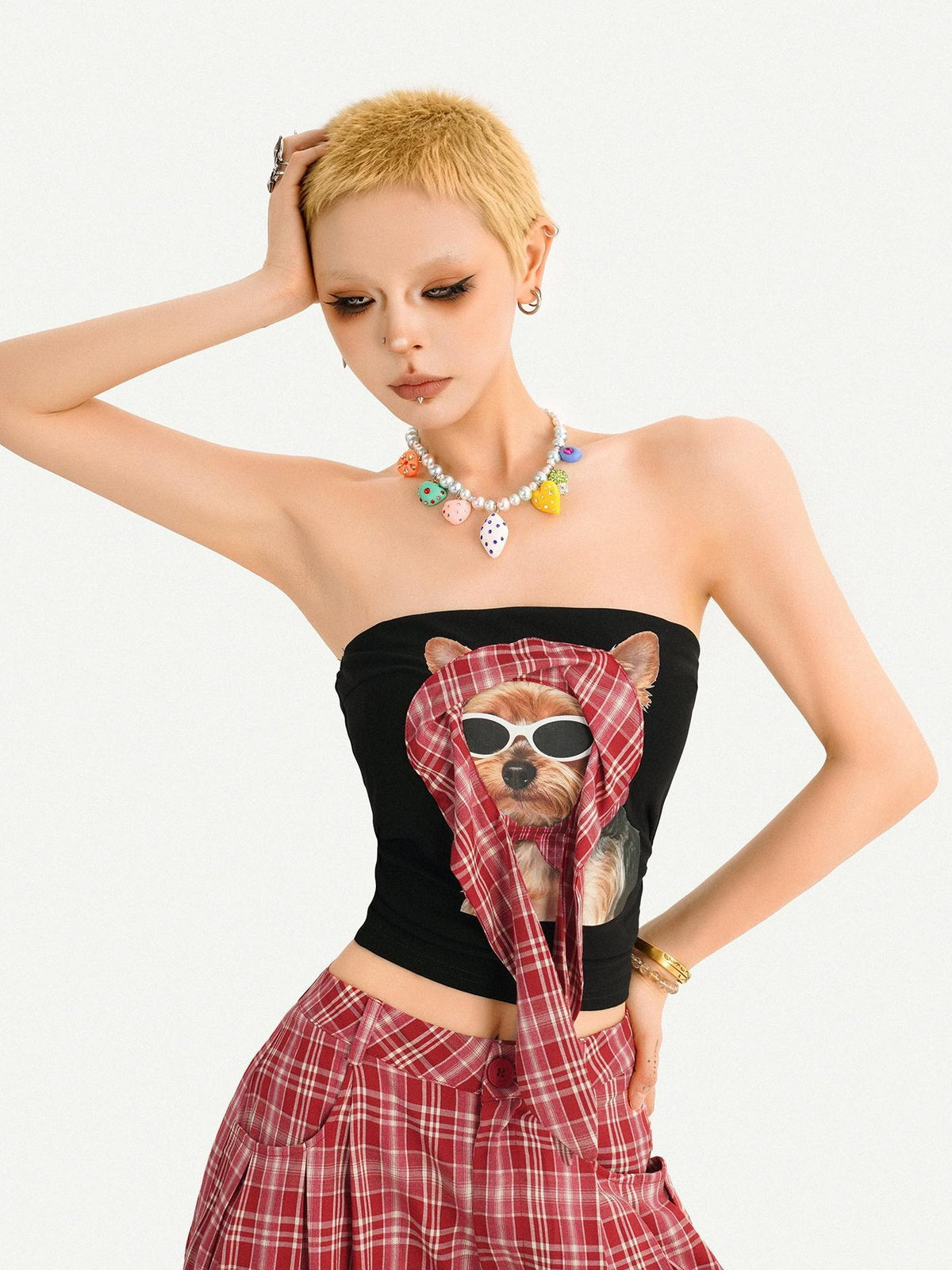 Nico Molly Red Plaid Dog Print Tube Top Slim Fit Women&