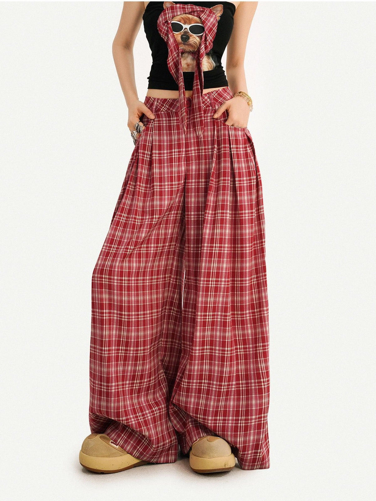 Nico Molly Red Plaid Dog Print Tube Top Slim Fit Women&