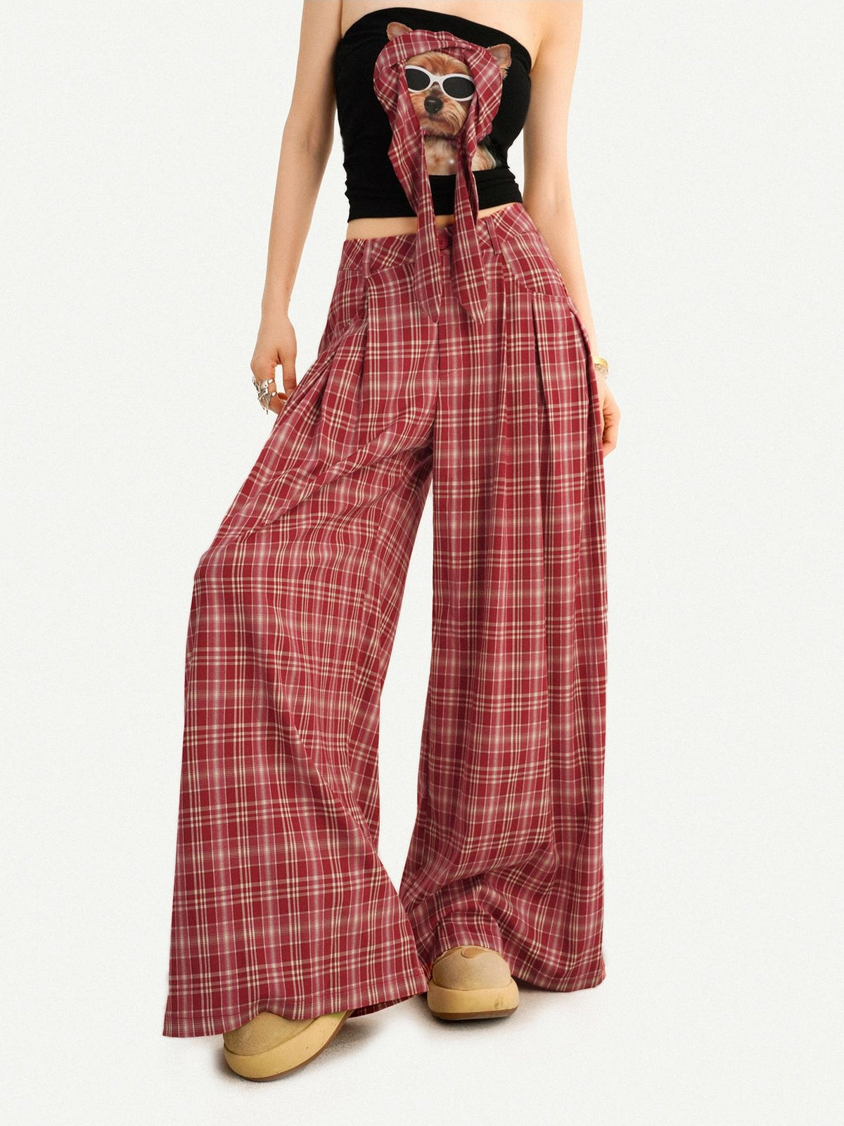 Nico Molly Red Plaid Dog Print Tube Top Slim Fit Women&