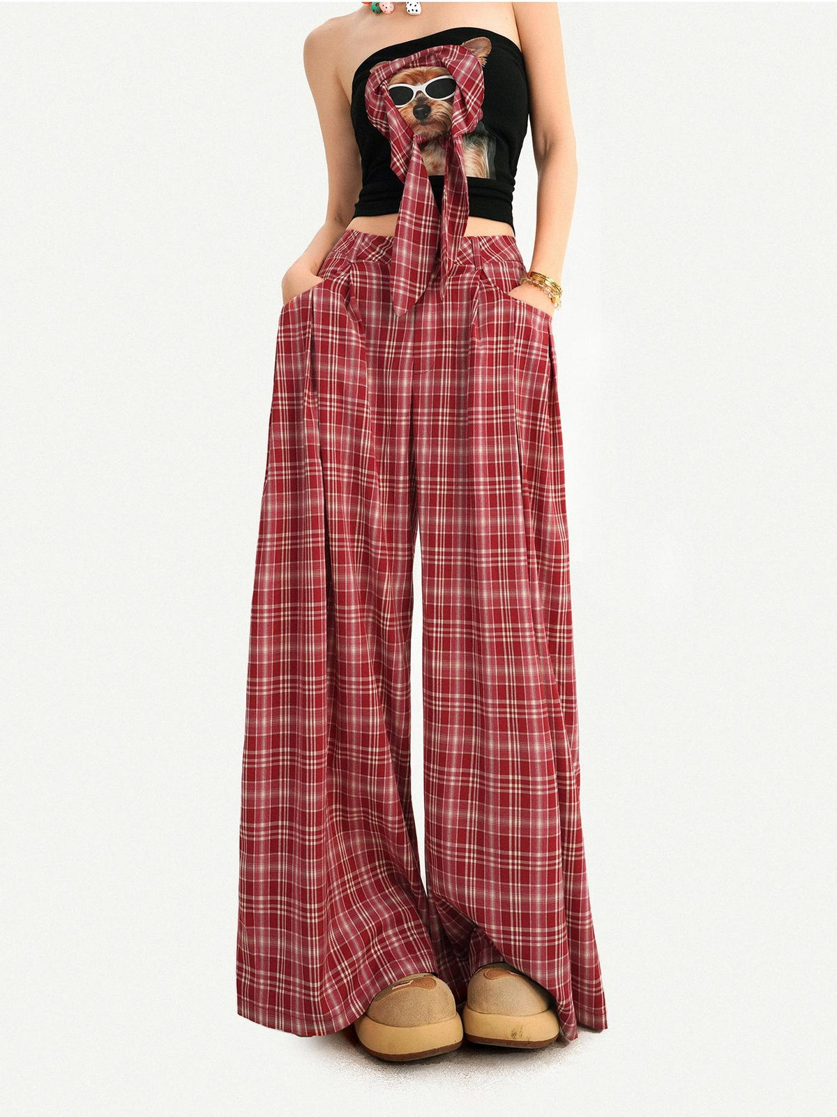 Nico Molly Red Plaid Dog Print Tube Top Slim Fit Women&