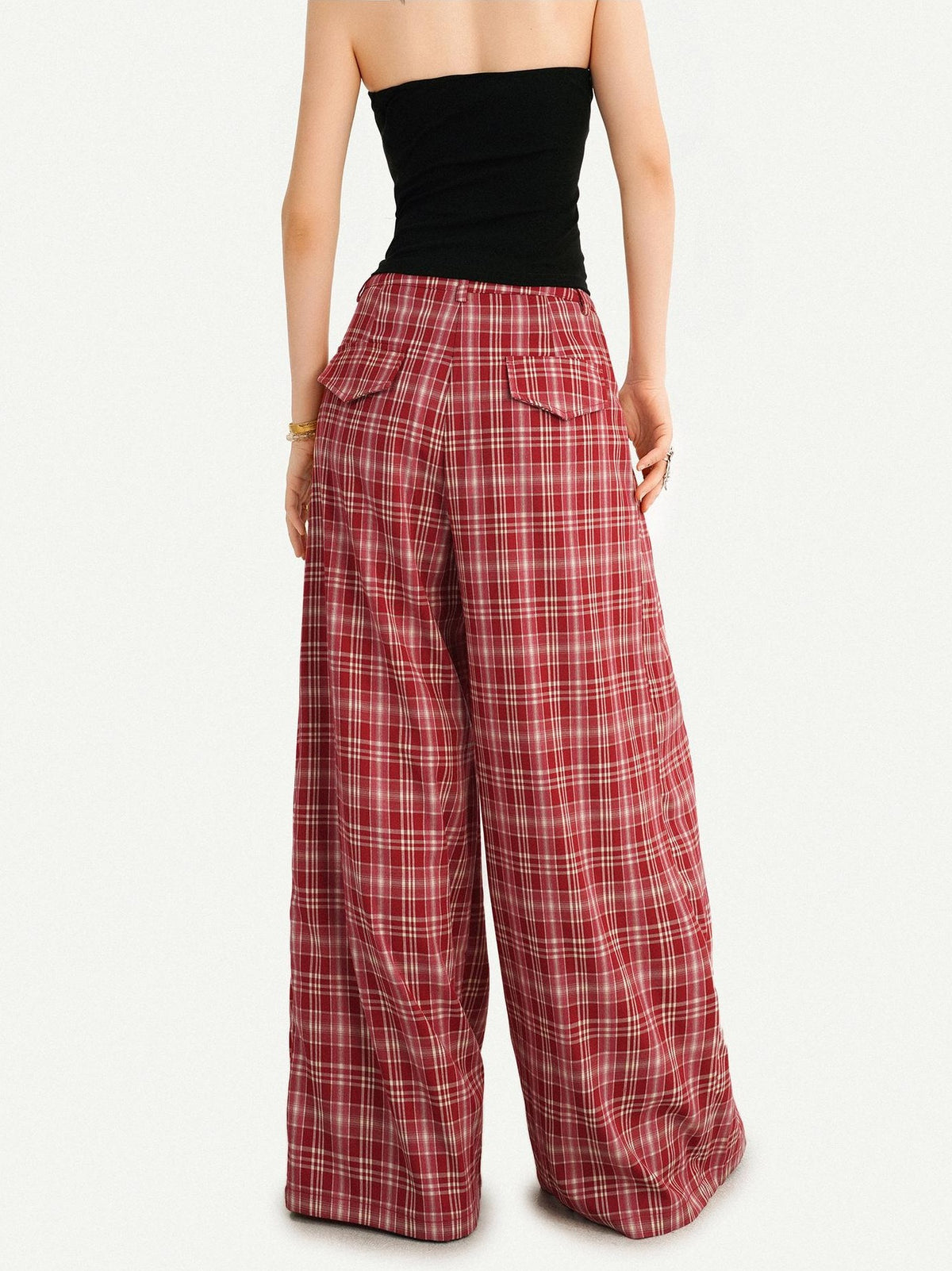 Nico Molly Red Plaid Dog Print Tube Top Slim Fit Women&