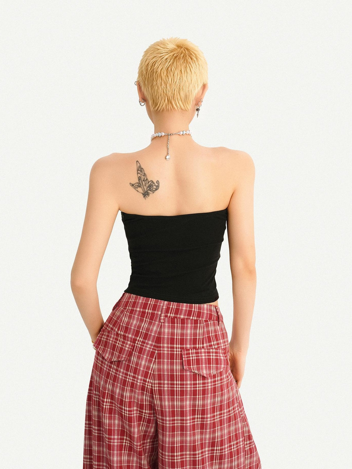 Nico Molly Red Plaid Dog Print Tube Top Slim Fit Women&