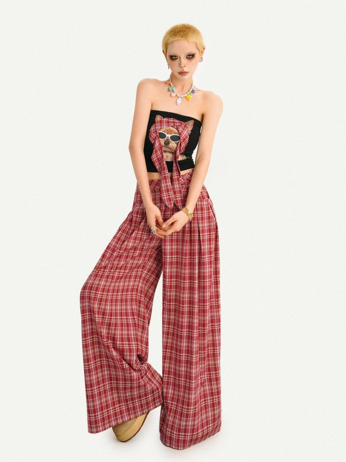 Nico Molly Red Plaid Dog Print Tube Top Slim Fit Women&