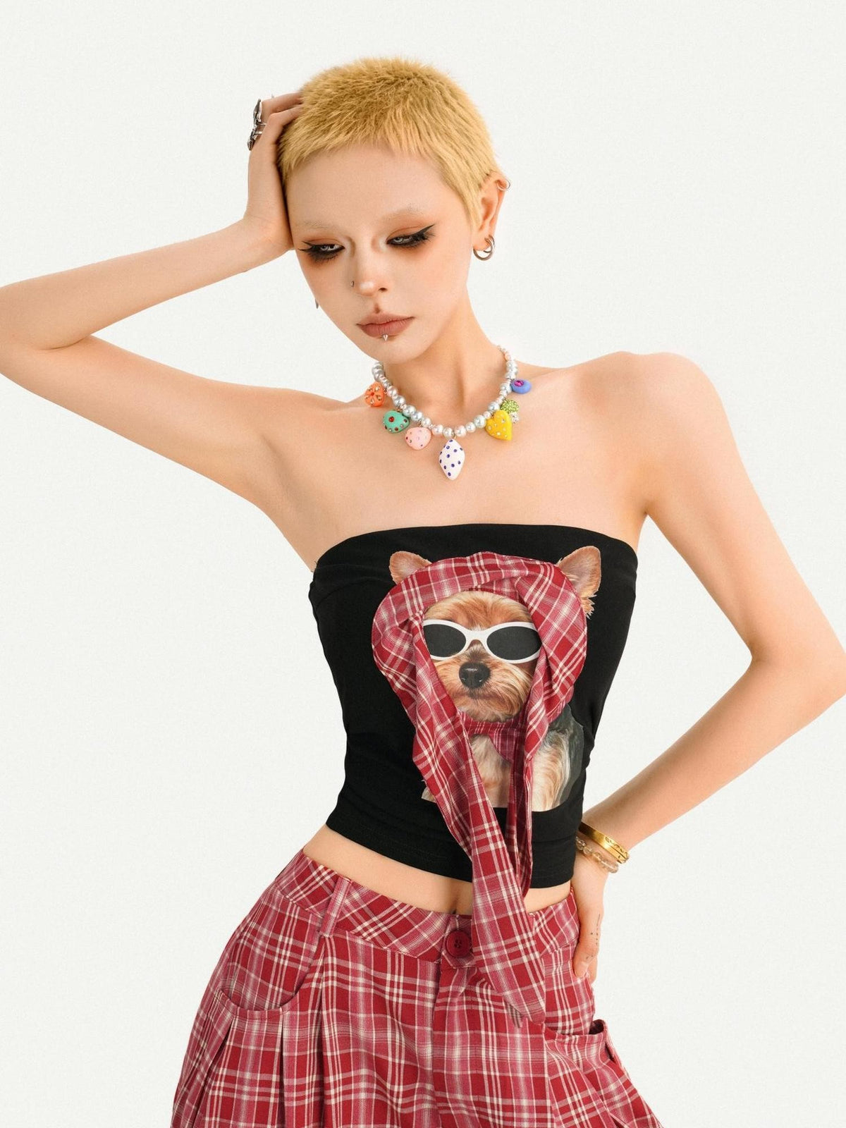 Nico Molly Red Plaid Dog Print Tube Top Slim Fit Women&