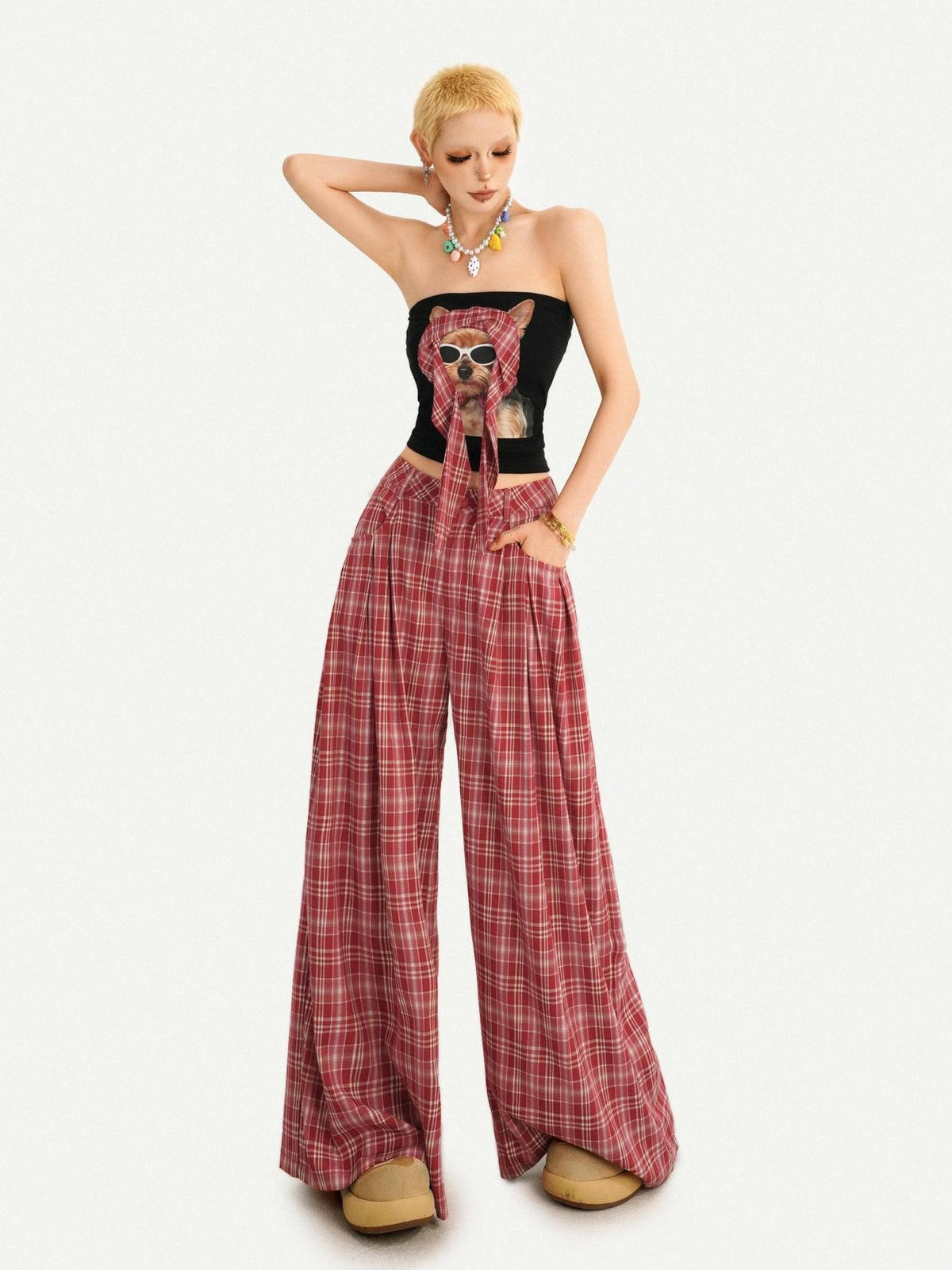 Nico Molly Red Plaid Dog Print Tube Top Slim Fit Women&