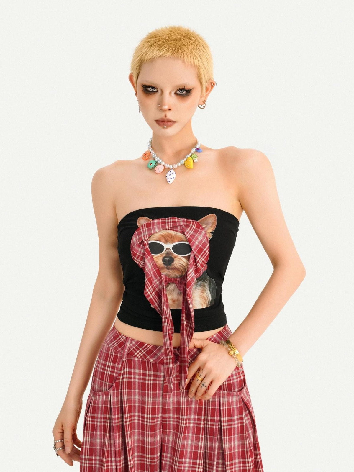 Nico Molly Red Plaid Dog Print Tube Top Slim Fit Women&