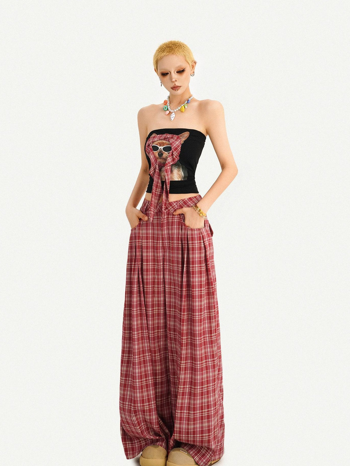 Nico Molly Red Plaid Dog Print Tube Top Slim Fit Women&
