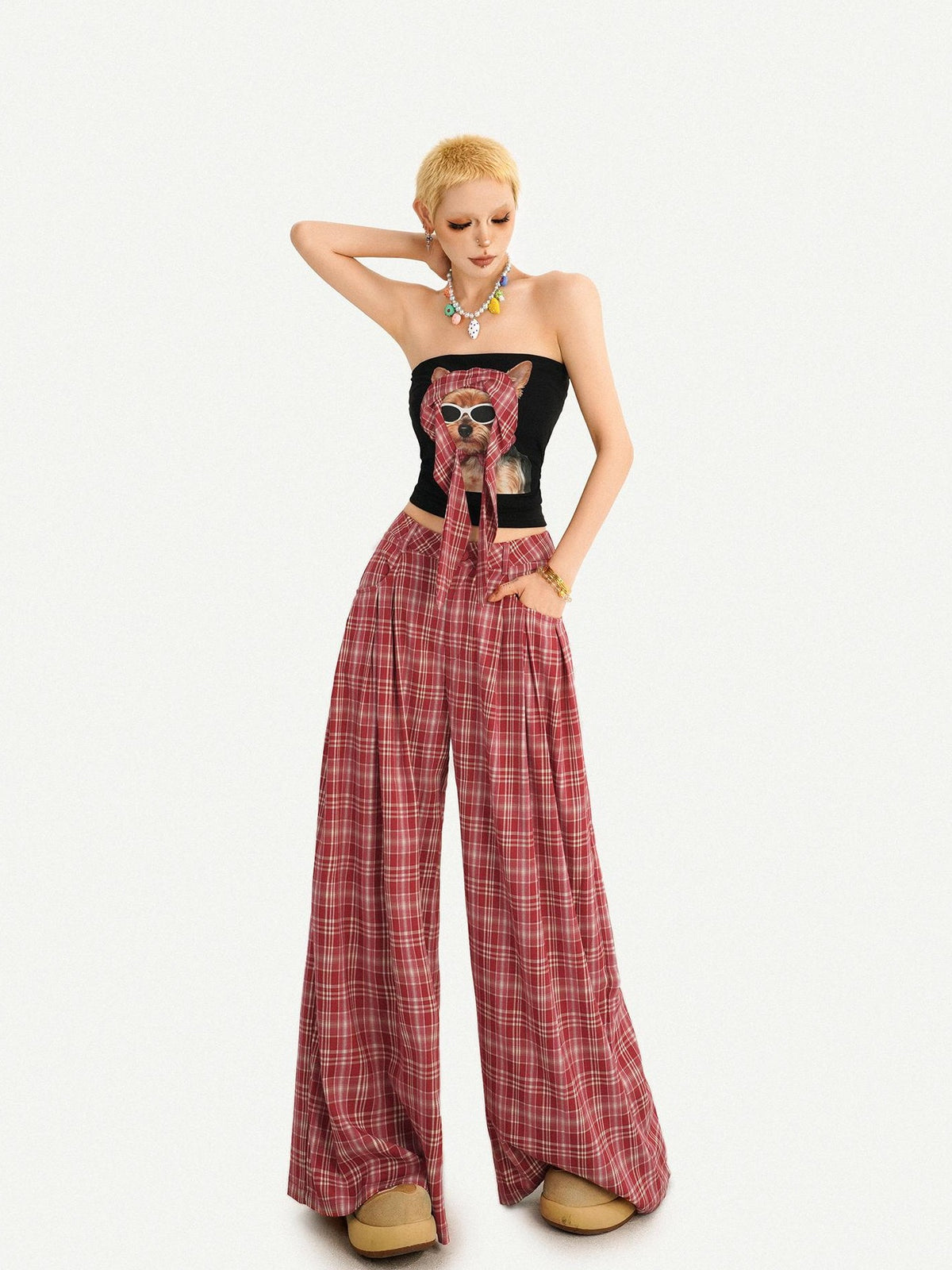 Nico Molly Red Plaid Dog Print Tube Top Slim Fit Women&
