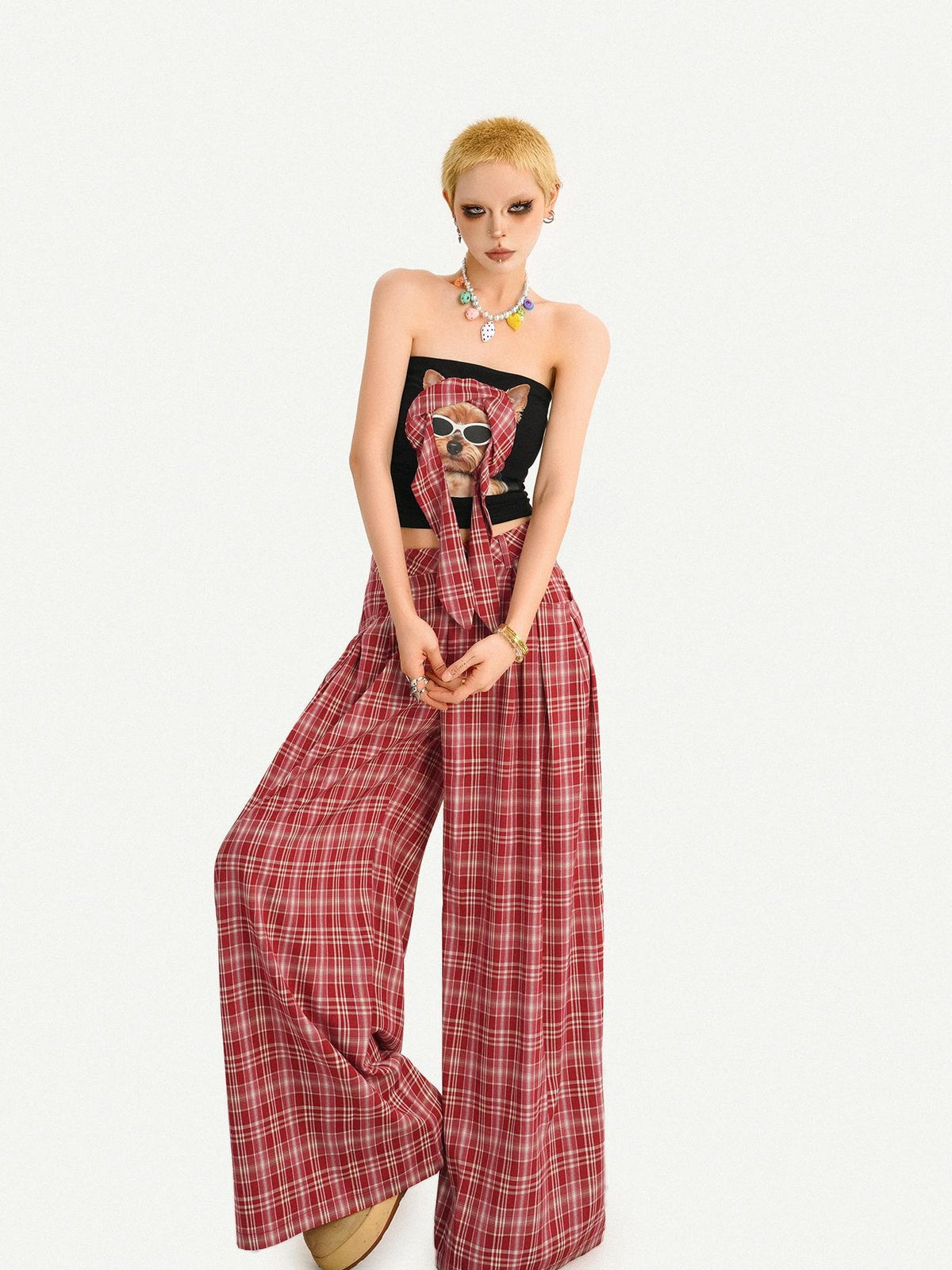 Nico Molly Red Plaid Dog Print Tube Top Slim Fit Women&