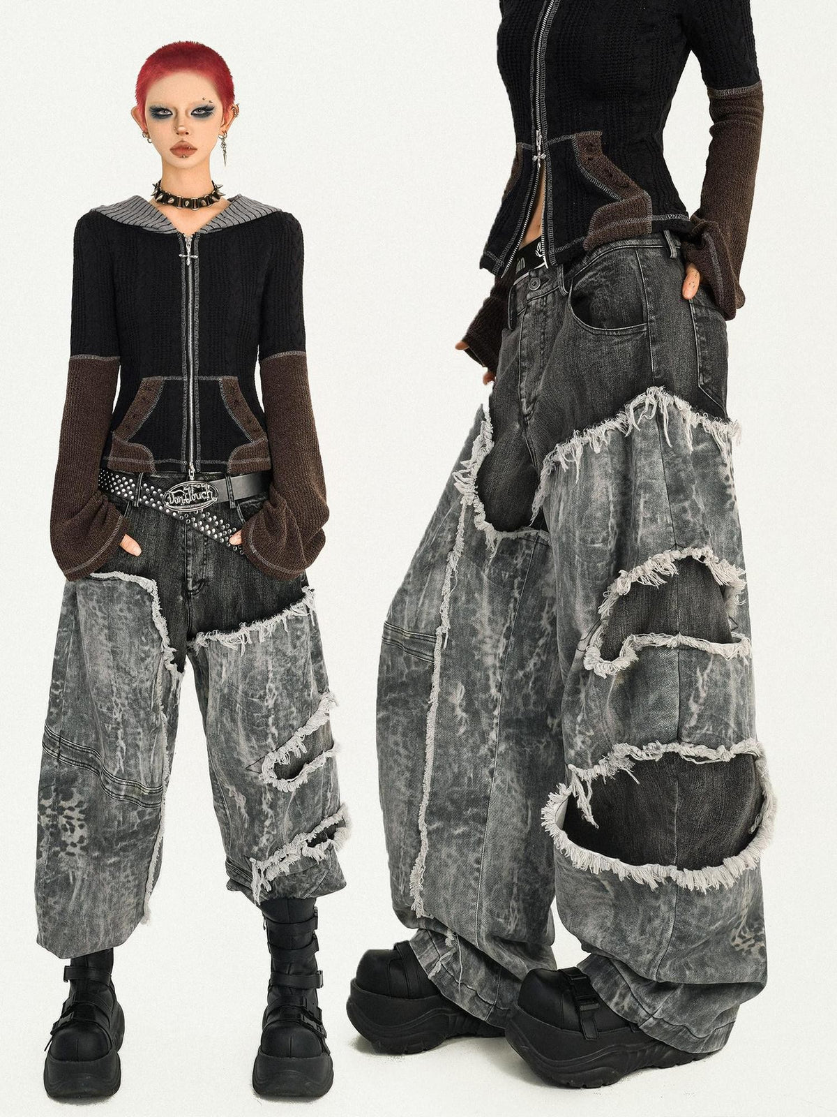 Nico Molly Retro Black Patchwork Frayed Hem Low Waist Women&