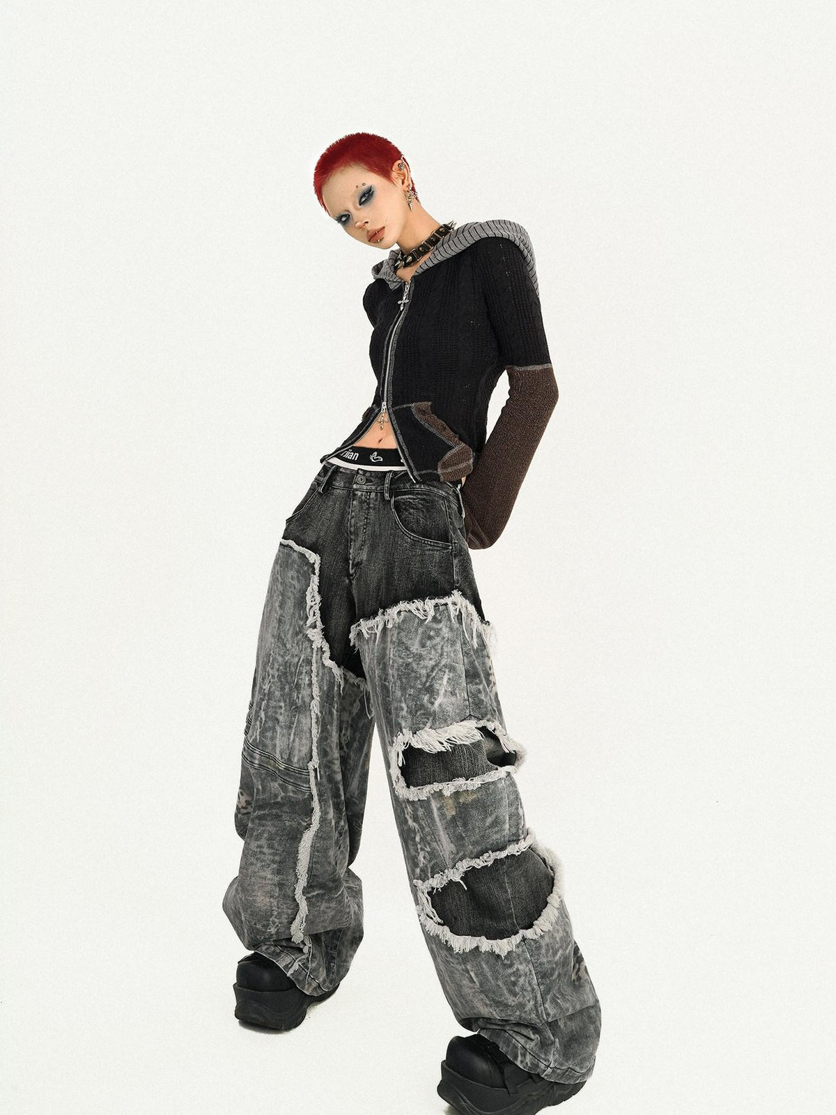 Nico Molly Retro Black Patchwork Frayed Hem Low Waist Women&