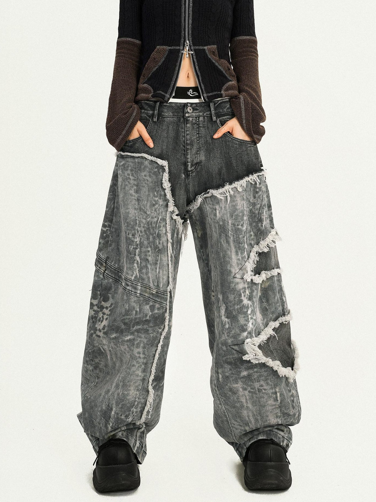 Nico Molly Retro Black Patchwork Frayed Hem Low Waist Women&