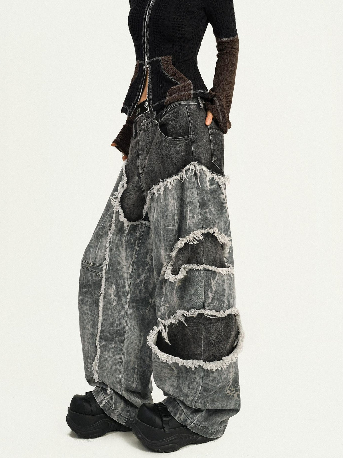 Nico Molly Retro Black Patchwork Frayed Hem Low Waist Women&