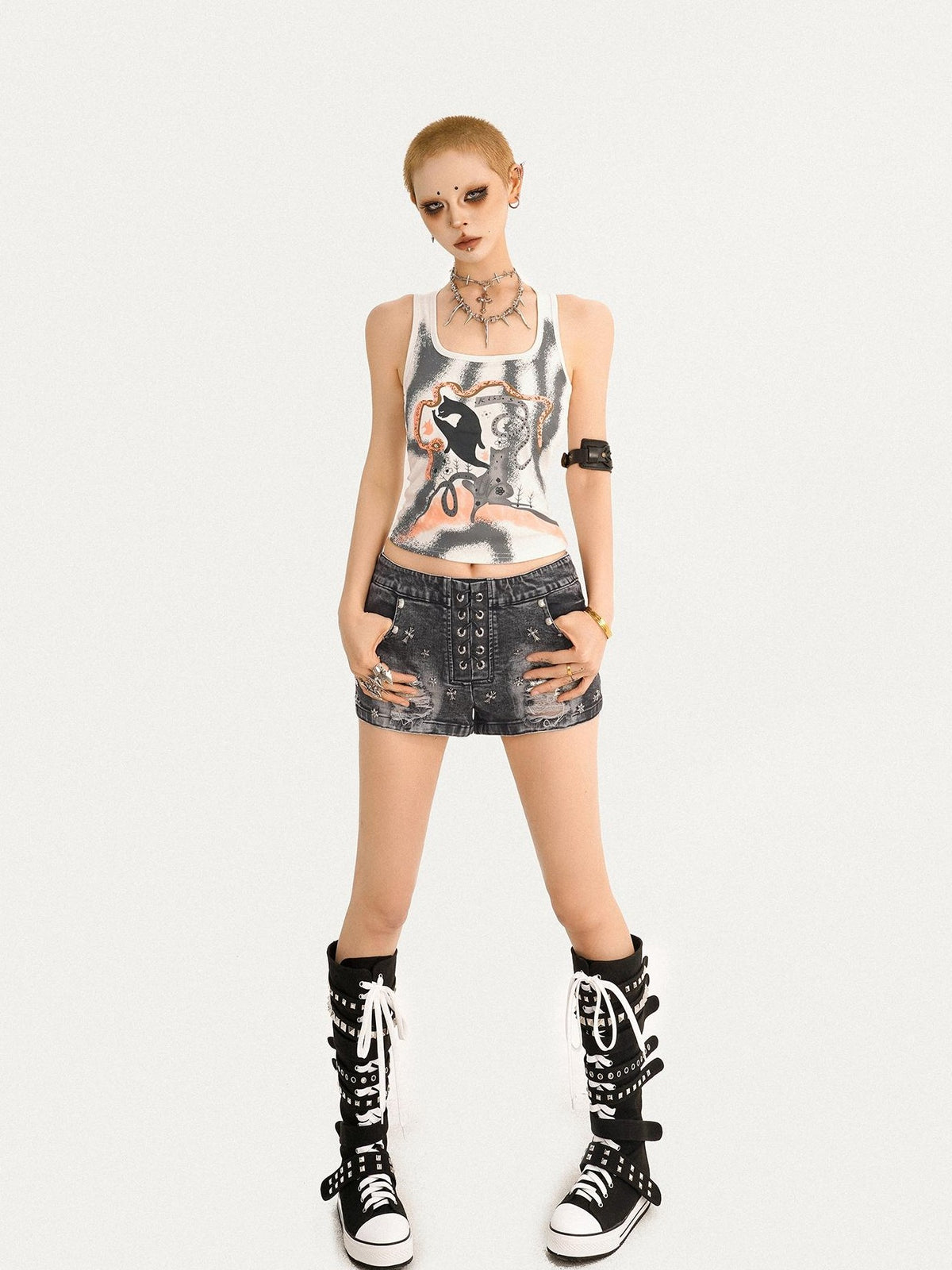 Nico Molly Retro Cat Print Punk Edgy U Neck Slim Cropped Women&