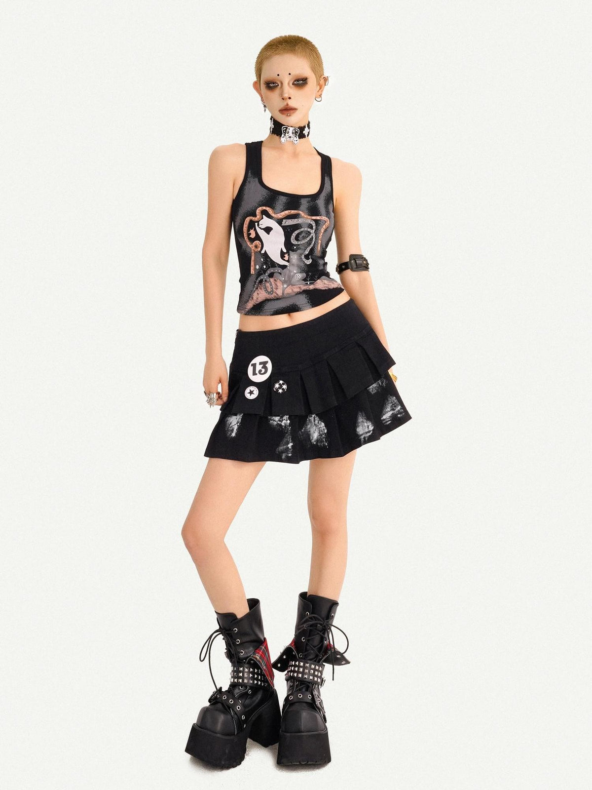 Nico Molly Retro Cat Print Punk Edgy U Neck Slim Cropped Women&