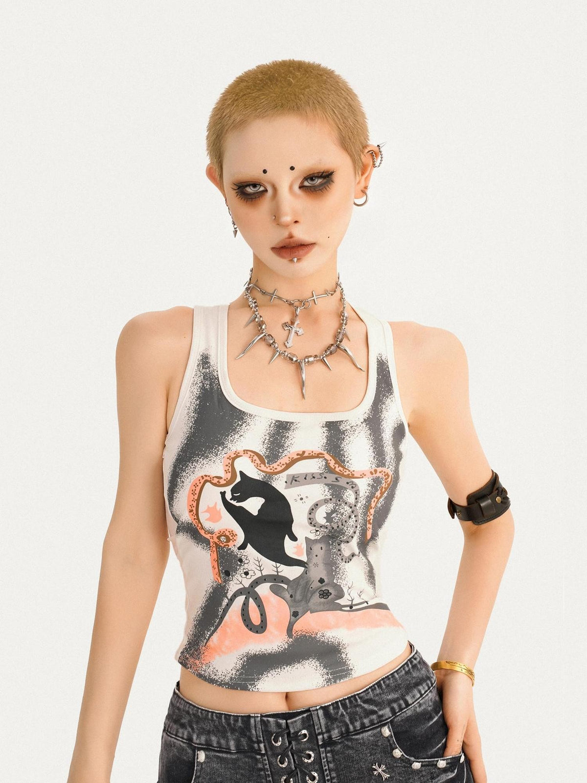 Nico Molly Retro Cat Print Punk Edgy U Neck Slim Cropped Women&