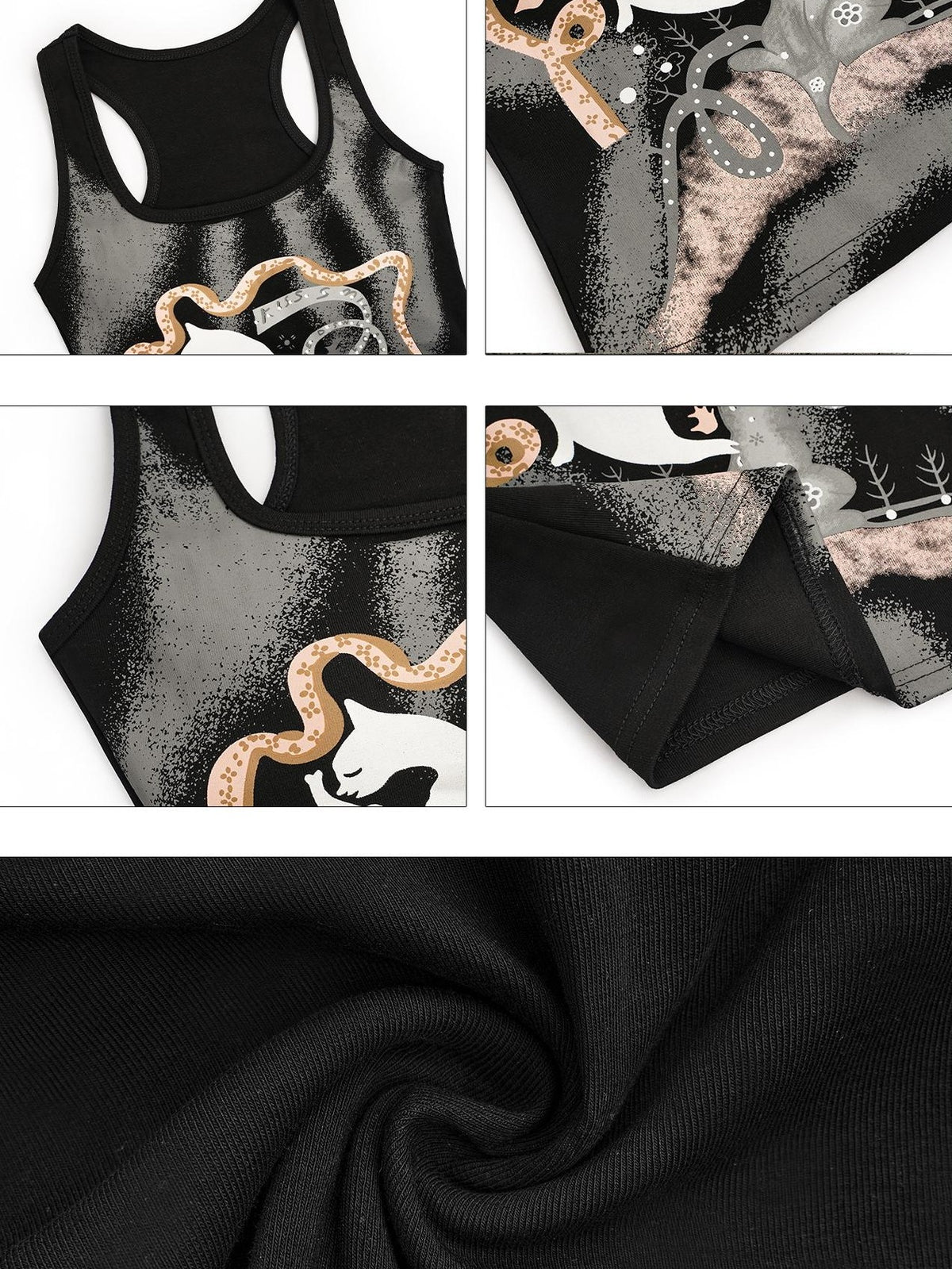 Nico Molly Retro Cat Print Punk Edgy U Neck Slim Cropped Women&