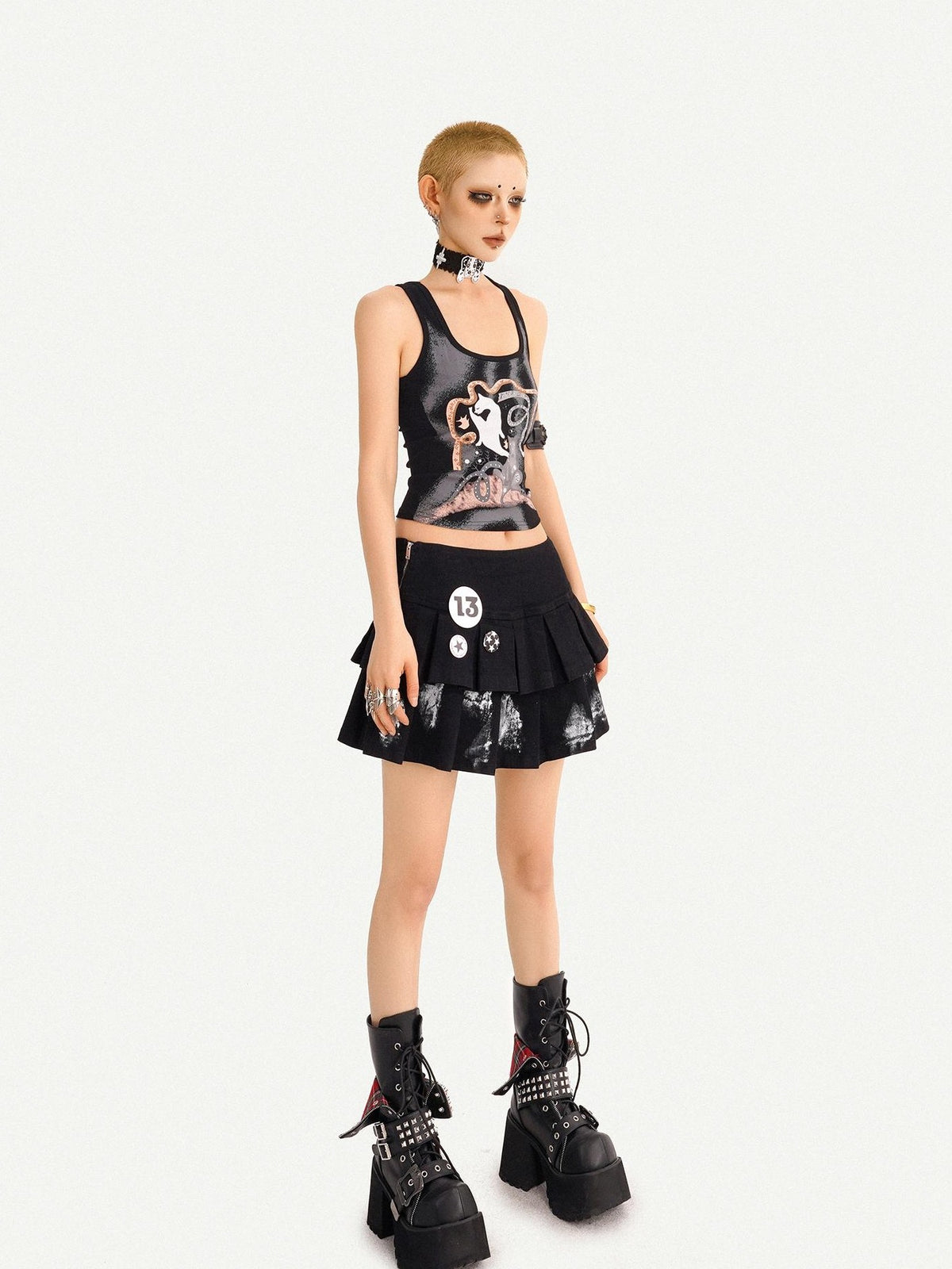 Nico Molly Retro Cat Print Punk Edgy U Neck Slim Cropped Women&