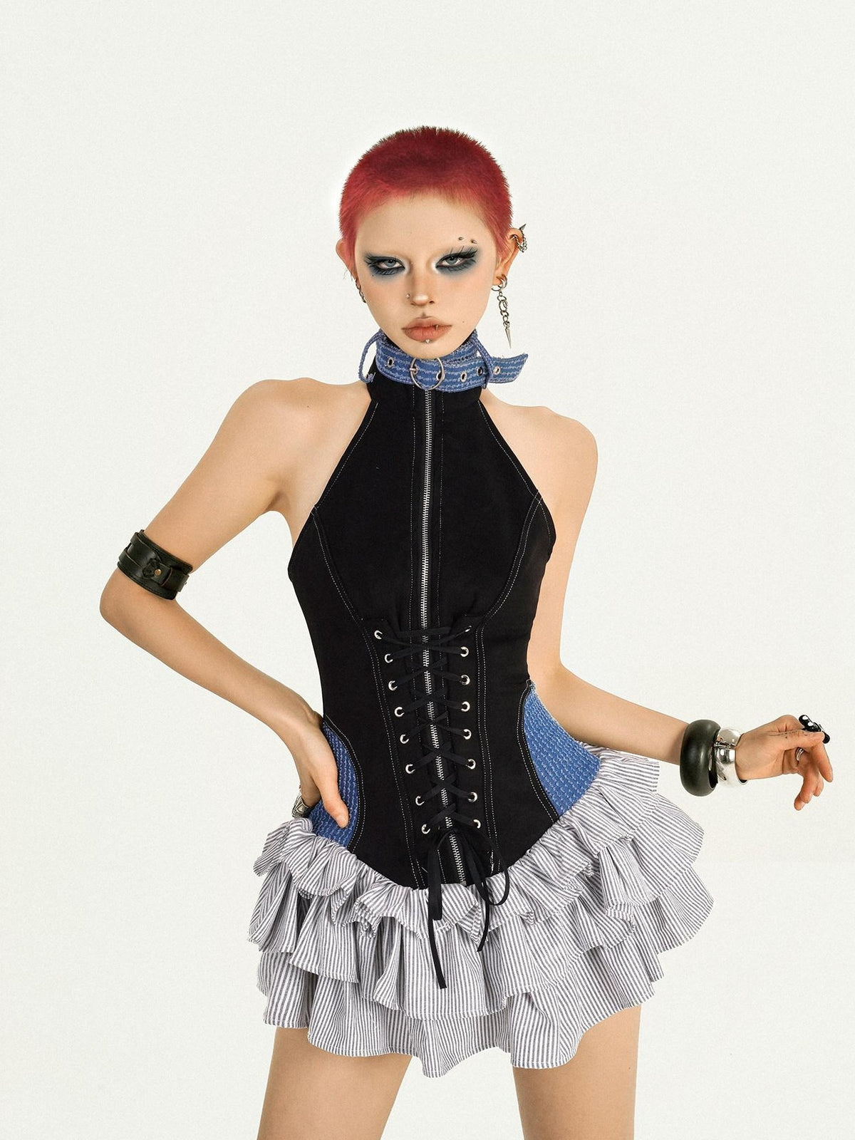 Nico Molly Retro Contrast Color Tiered Backless Tie Waist Women&