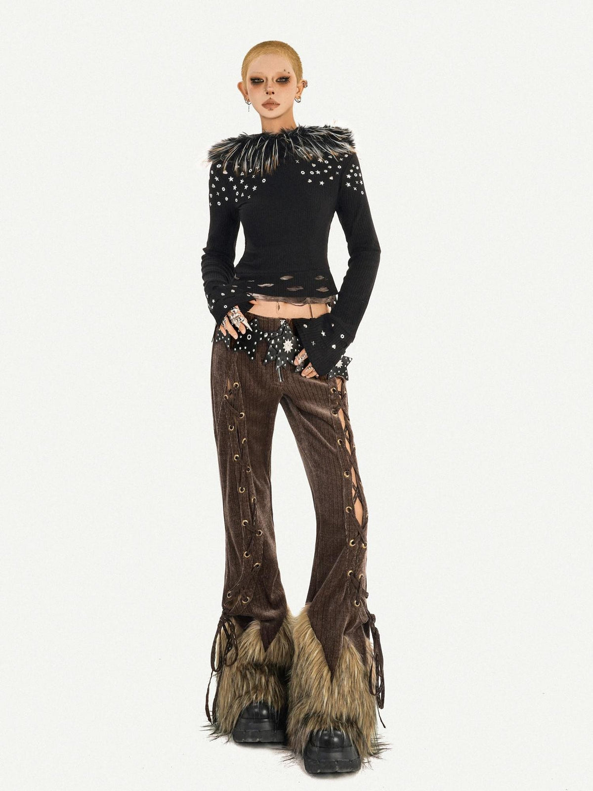 Nico Molly Retro Fur Trim Lace Up Zipper Mid High Waist Women&