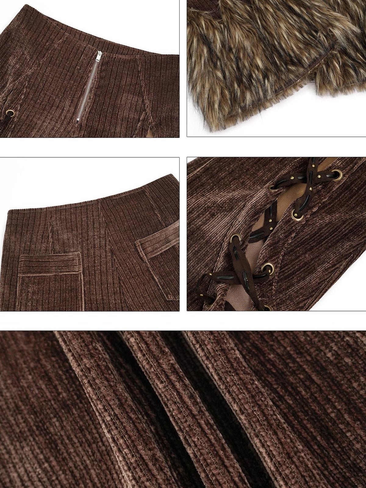 Nico Molly Retro Fur Trim Lace Up Zipper Mid High Waist Women&