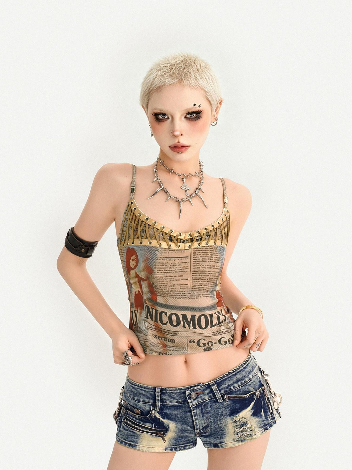 Nico Molly Retro Newspaper Print Lace Up Punk Strappy Women&
