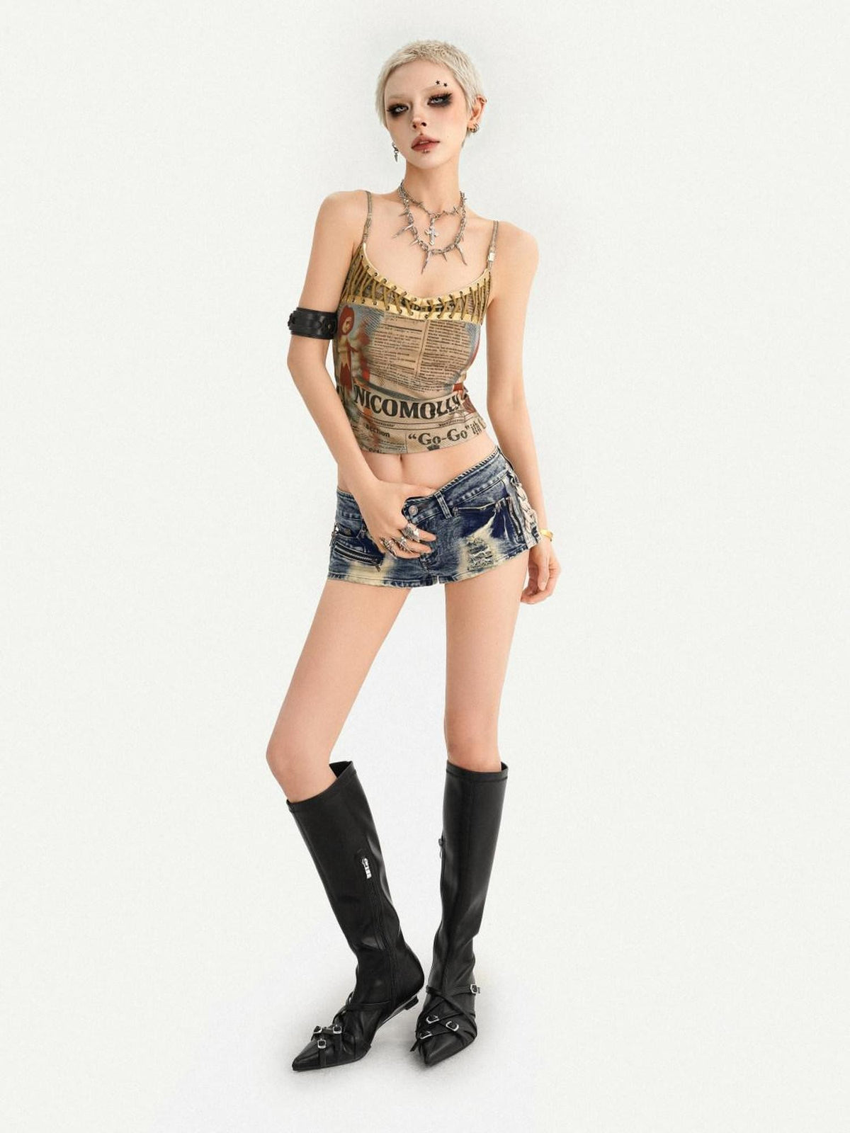Nico Molly Retro Newspaper Print Lace Up Punk Strappy Women&