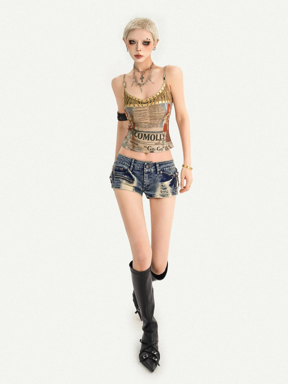 Nico Molly Retro Newspaper Print Lace Up Punk Strappy Women&