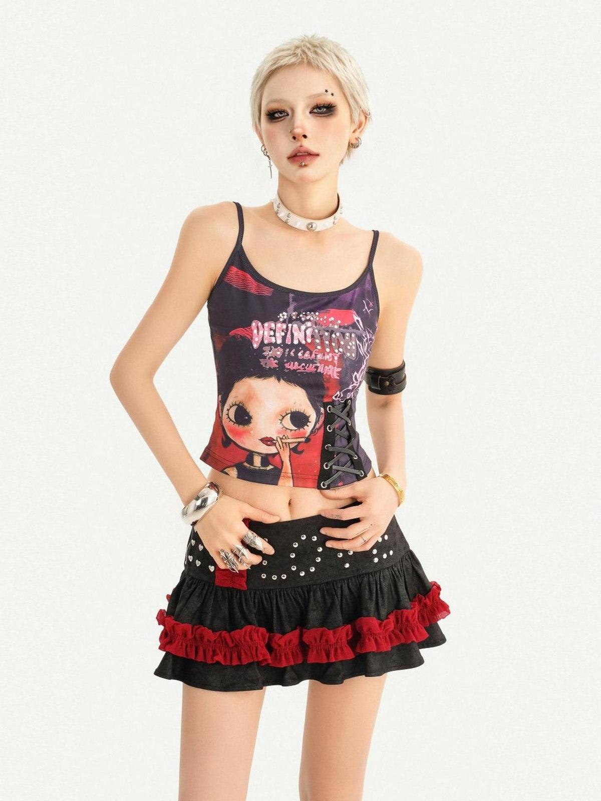 Nico Molly Retro Playful Character Print Lace Up Slimming Women&
