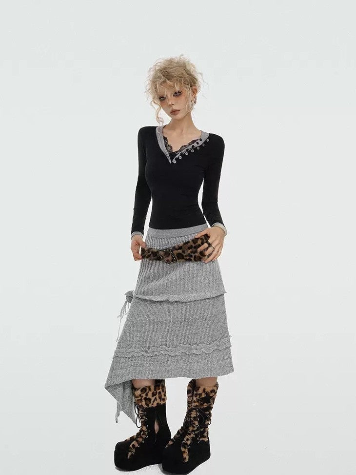 Nico Molly Rose Ribbon Asymmetrical Mid Waist Solid Vintage A Line Women&