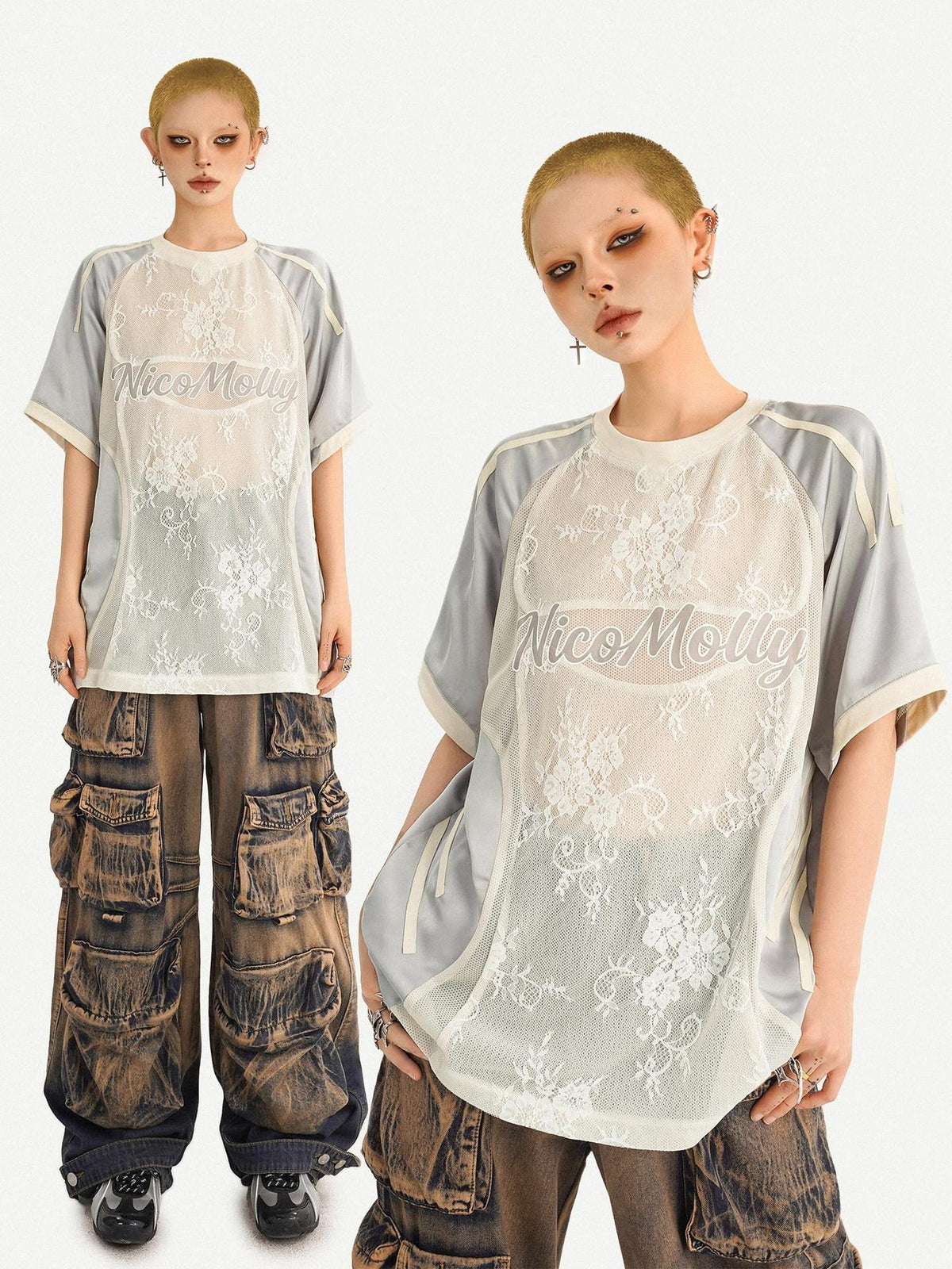 Nico Molly Silver Lace Panel Embroidered Sporty Women&