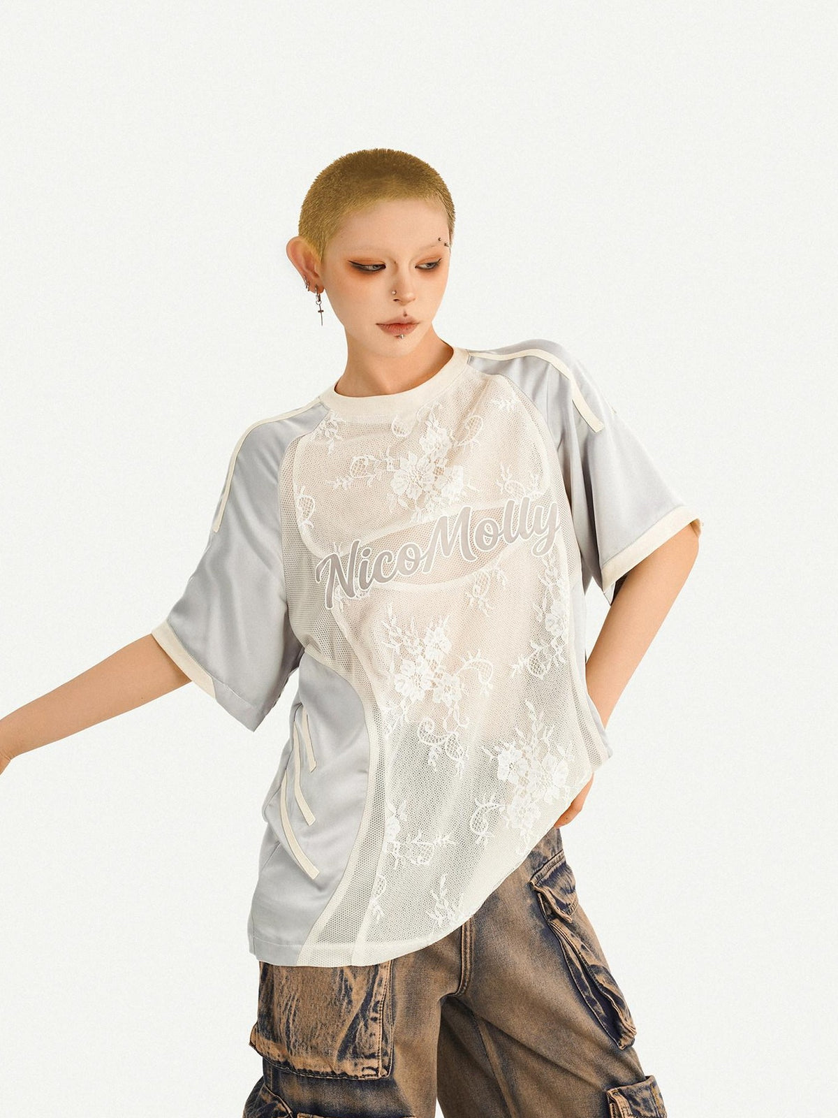 Nico Molly Silver Lace Panel Embroidered Sporty Women&