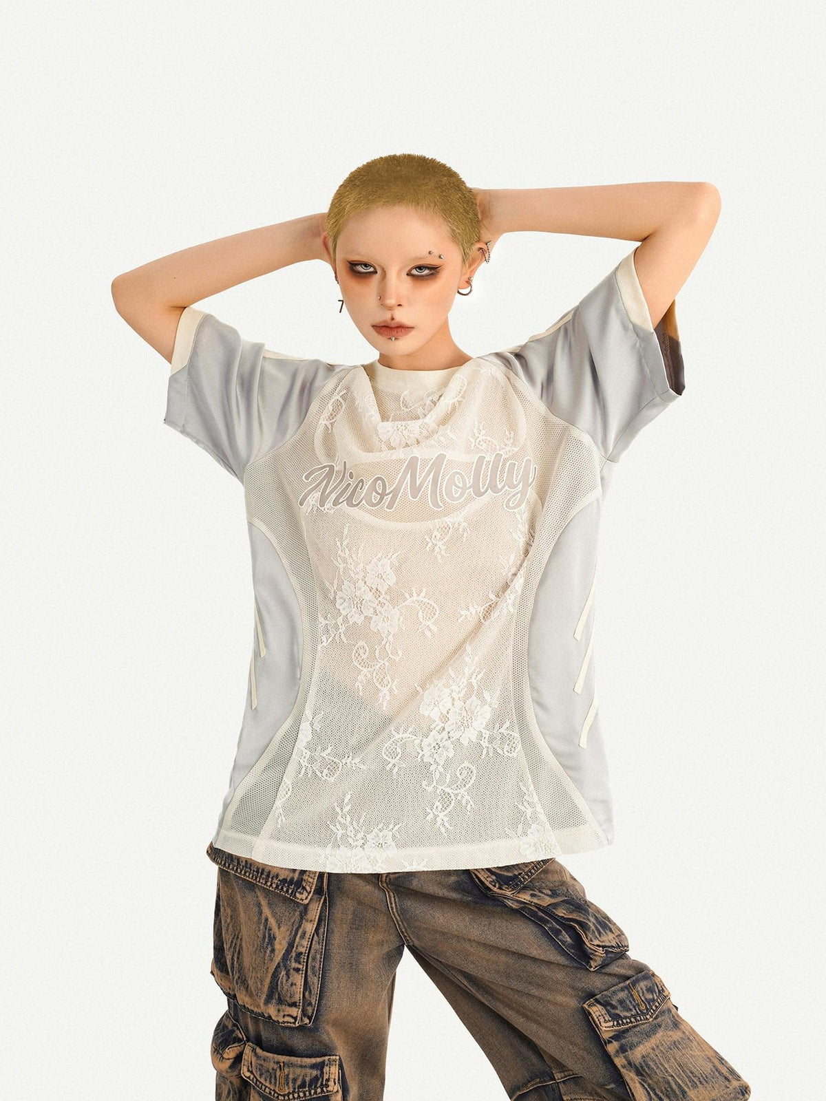 Nico Molly Silver Lace Panel Embroidered Sporty Women&