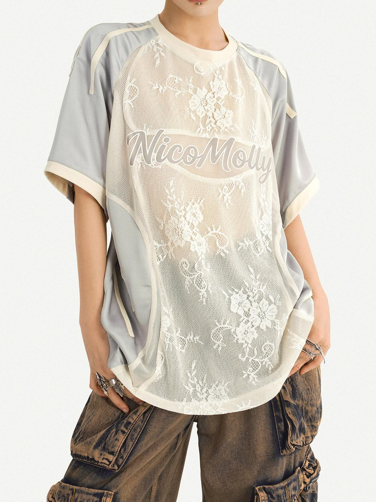 Nico Molly Silver Lace Panel Embroidered Sporty Women&