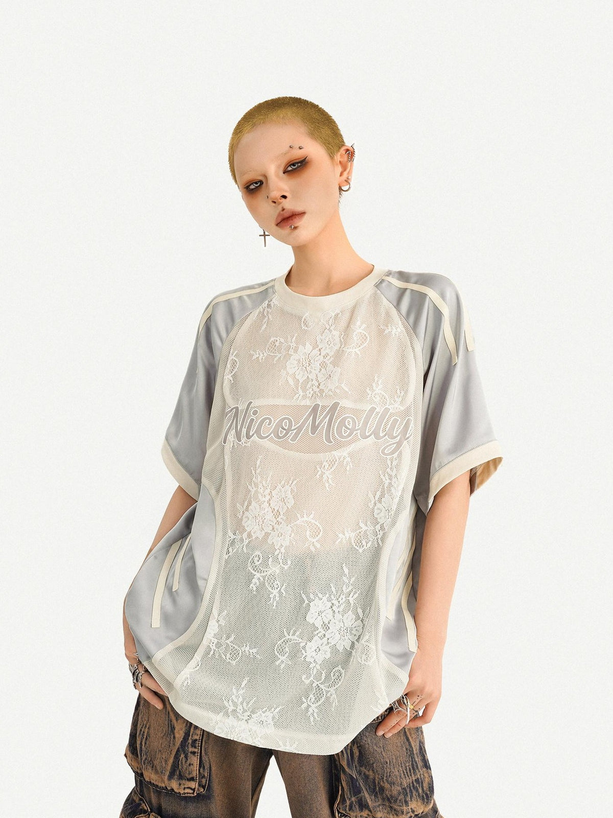 Nico Molly Silver Lace Panel Embroidered Sporty Women&