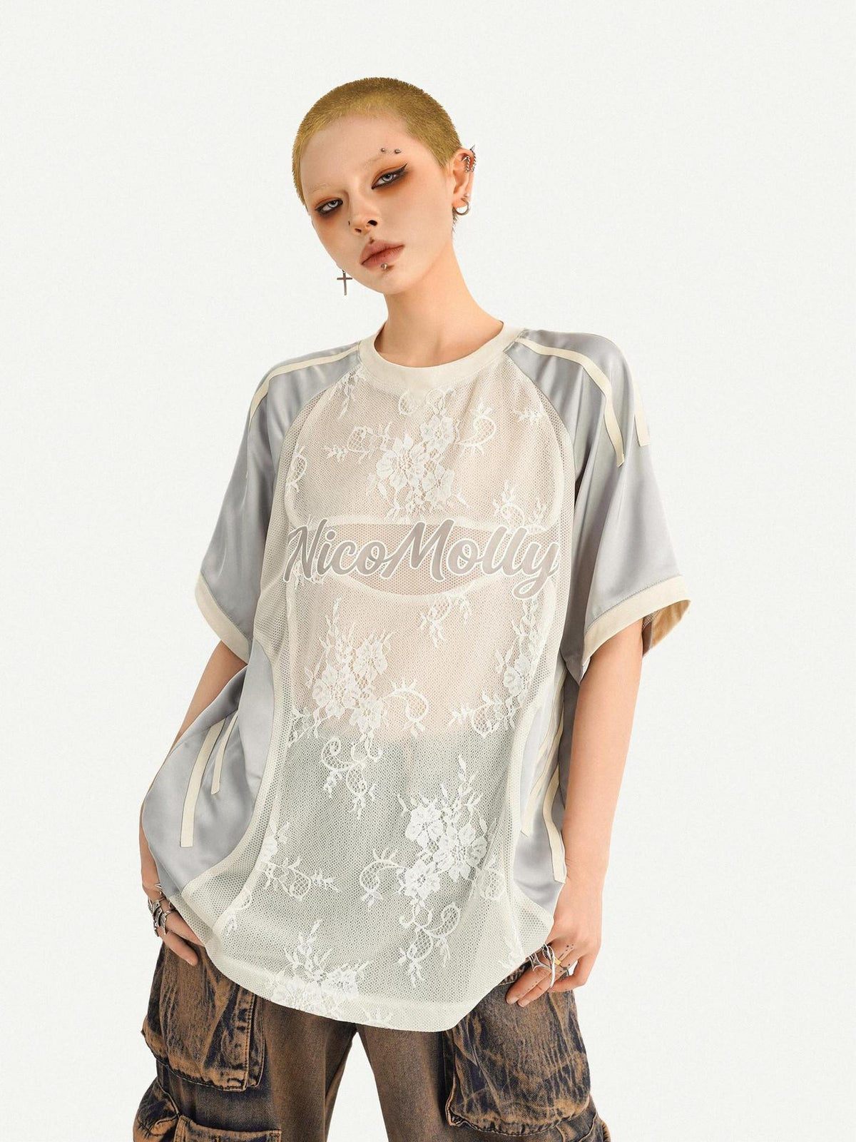 Nico Molly Silver Lace Panel Embroidered Sporty Women&