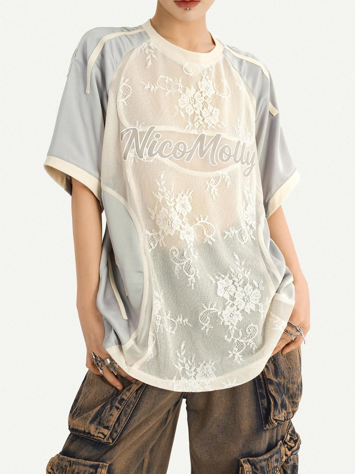 Nico Molly Silver Lace Panel Embroidered Sporty Women&