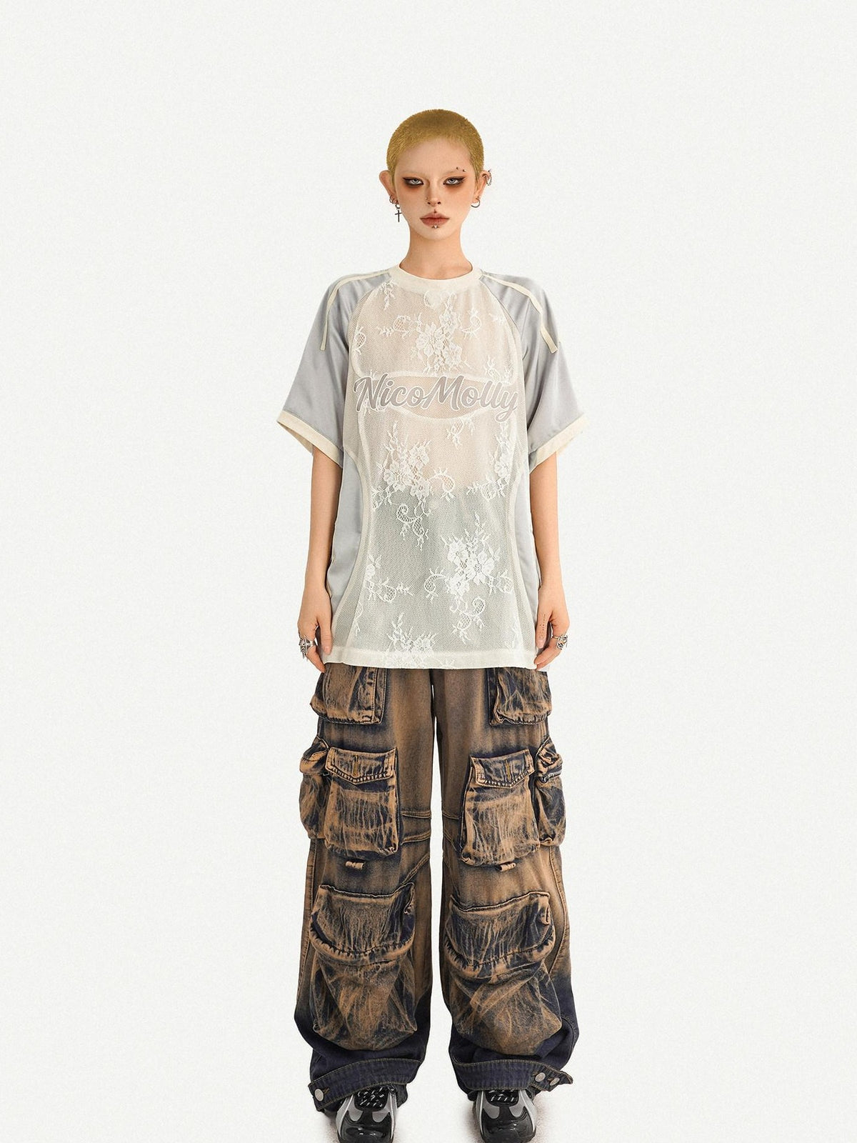 Nico Molly Silver Lace Panel Embroidered Sporty Women&
