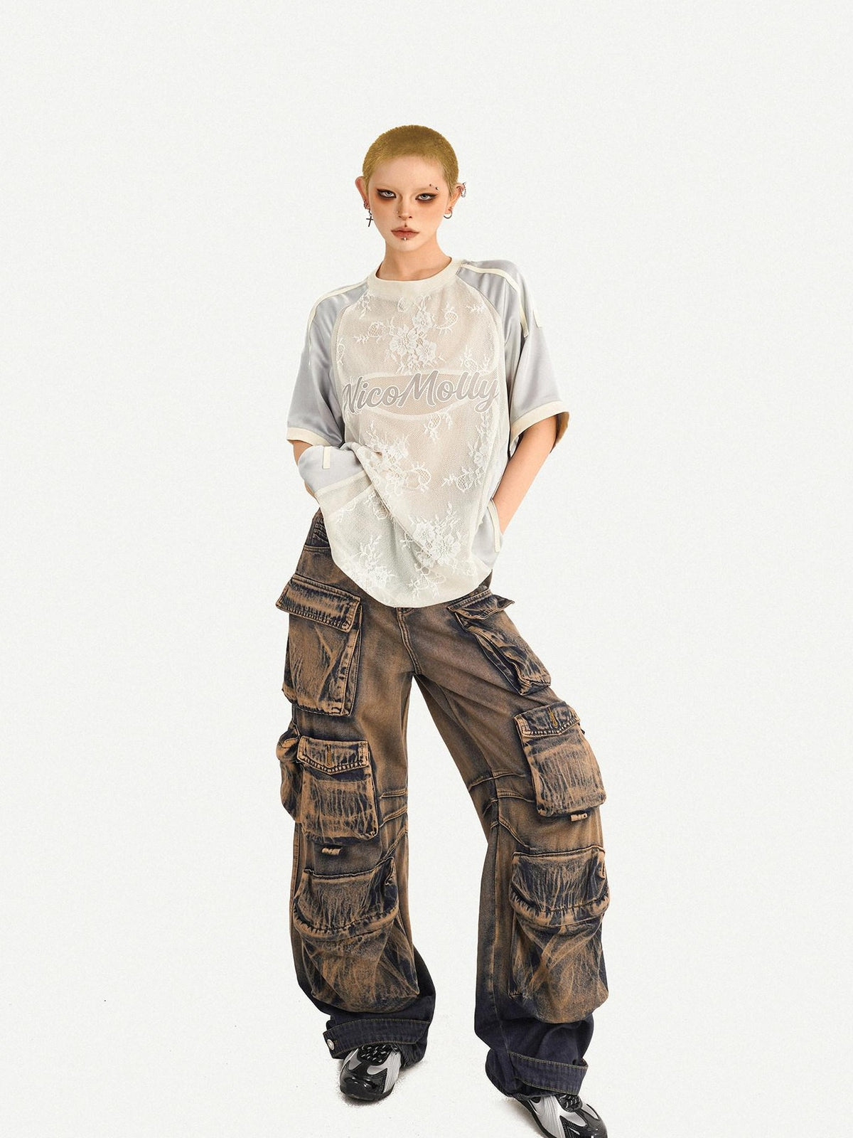 Nico Molly Silver Lace Panel Embroidered Sporty Women&