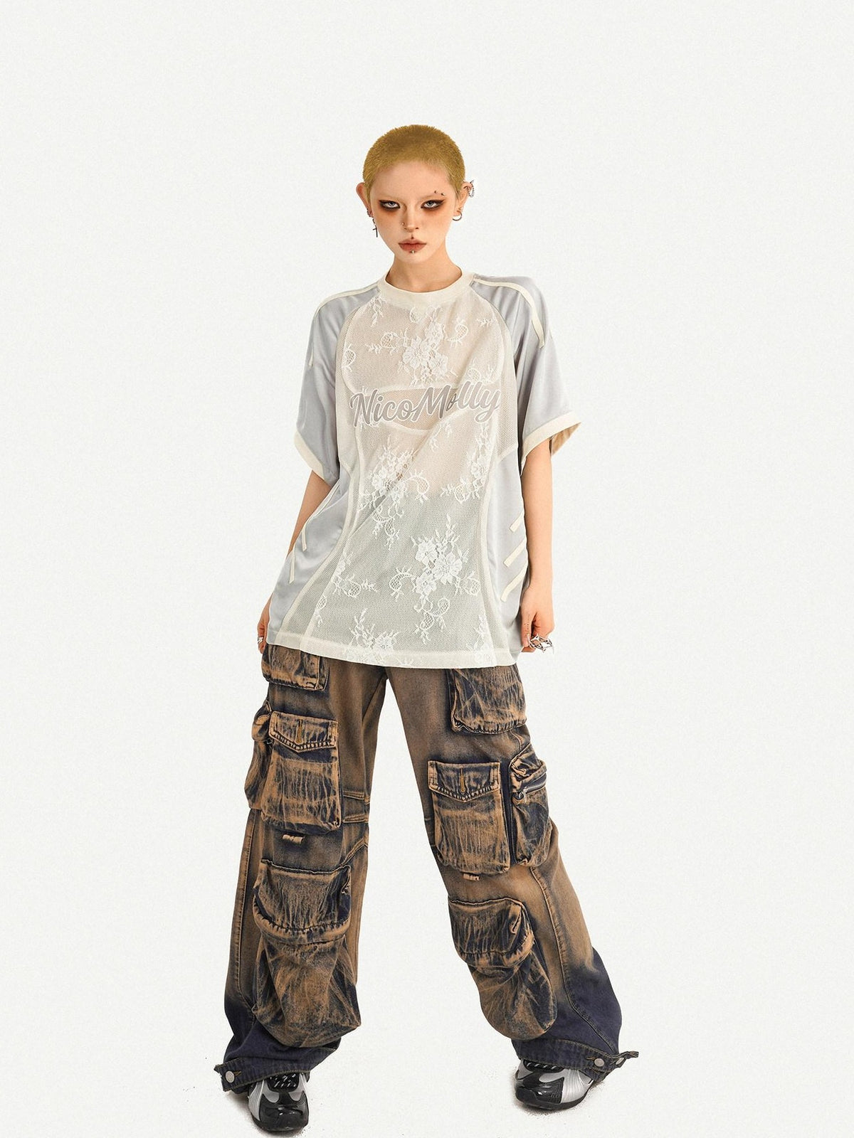 Nico Molly Silver Lace Panel Embroidered Sporty Women&