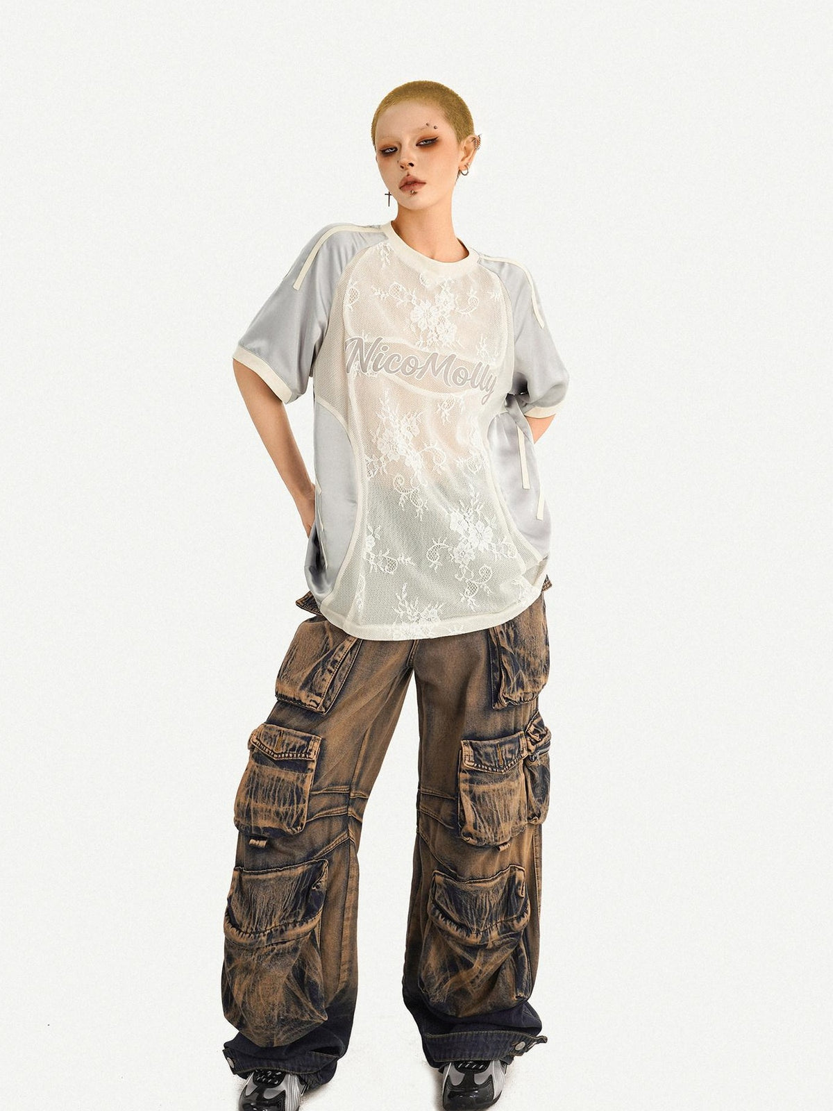 Nico Molly Silver Lace Panel Embroidered Sporty Women&